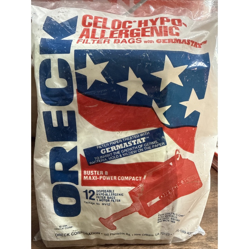 Oreck Buster B Celoc Hypoallergenic Filter Bags Germastat 12 Bags Compact w/Tabs